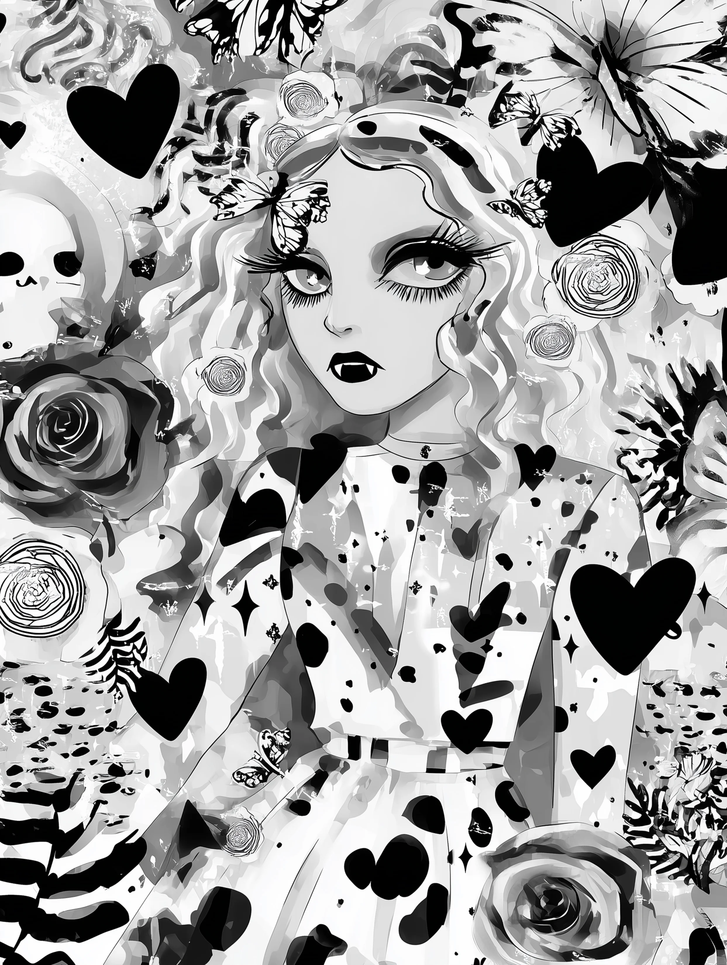 Free printable vampire coloring page for adults featuring a vampire with curly hair